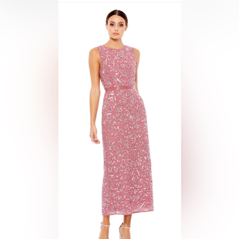 Mac Duggal geometric pattern sequined midi dress sz 2. NWT